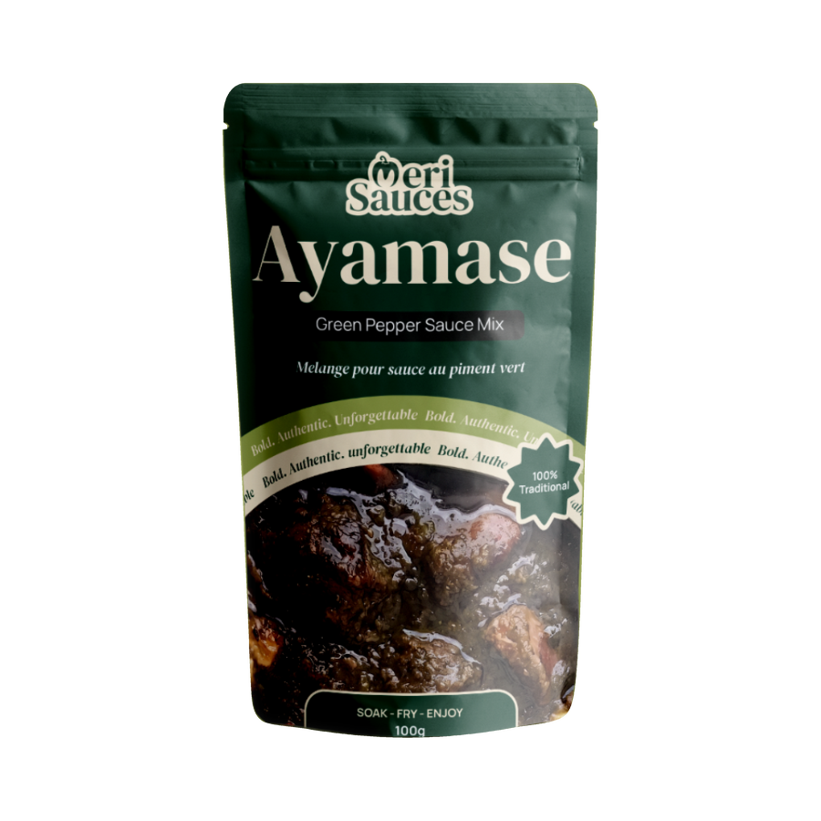 Meri Sauces Ayamase green pepper sauce mix in a dark green pouch