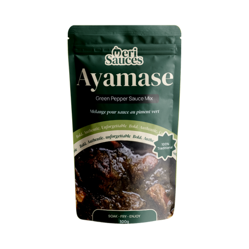 Meri Sauces Ayamase green pepper sauce mix in a dark green pouch