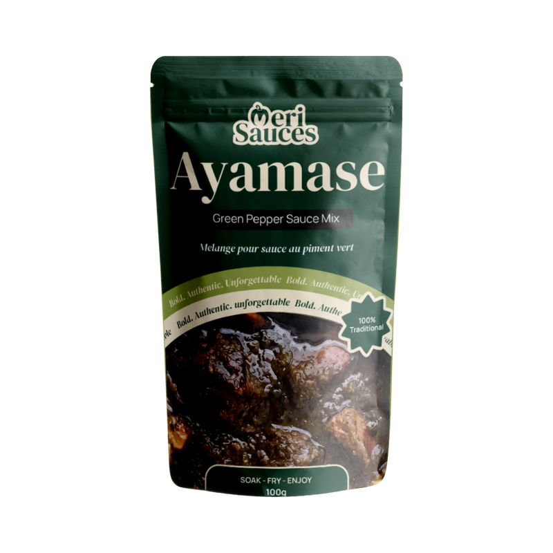Meri Sauces Ayamase green pepper sauce mix in a dark green pouch